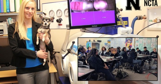 NCTA Alumnus Christina Knadjl at her veterinary technology practice. (Inset photo) Students listen to Christina’s presentation about NCTA in a classroom at Wm. Jennings Bryan High School in Omaha. Bryan has a dynamic urban agriculture and FFA program.