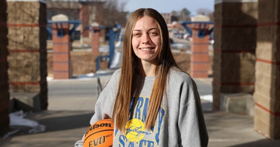 UNK fifth-year senior Jillian Aschoff is a two-time all-conference selection on the basketball court. In the classroom, she’s an MIAA and all-district honoree in academics who’s currently pursuing a Master of Business Administration. (Photo by Erika Pritchard, UNK Communications)
