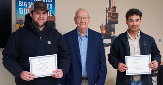 Cutline: The Jim DeBord Scholarship was recently presented to Zach Johnson (left) of Grand Island and Cameron Collins (right) of Lincoln at a ceremony at Central Community College Hastings. Jim DeBord (center), for whom the scholarship is named, posed with the recipients, who each received $1,000 to defray college expenses. (Photo courtesy Central Community College)