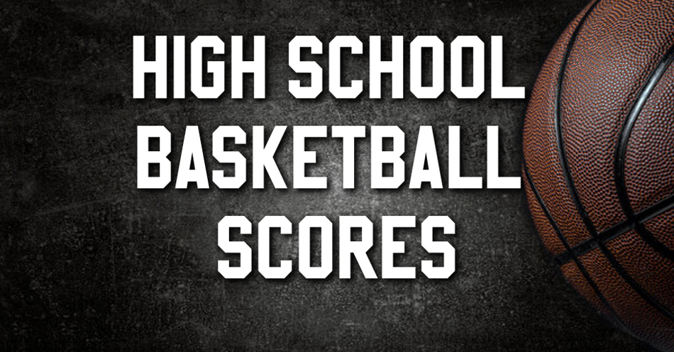 Basketball on the court in the background with the words high school basketball scoreboard on the left.